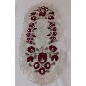 Vintage Hungarian Embroidered Table Runner Burgundy Red Kalocsa Lace 26"